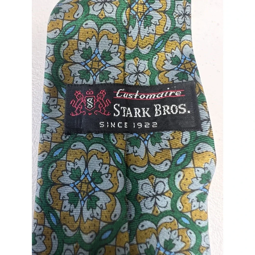 Vintage Stark Bros Since 1922 Tie Green Gold Four Leaf Clover Geometric 55